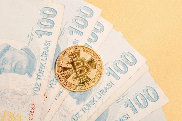 Turkish Lira Banknotes Dollars Bitcoin Coin — Stock Photo, Image