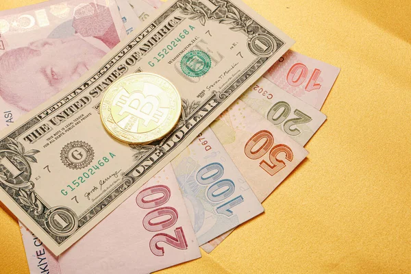 Turkse Lira Bankbiljetten Dollars Bitcoin — Stockfoto