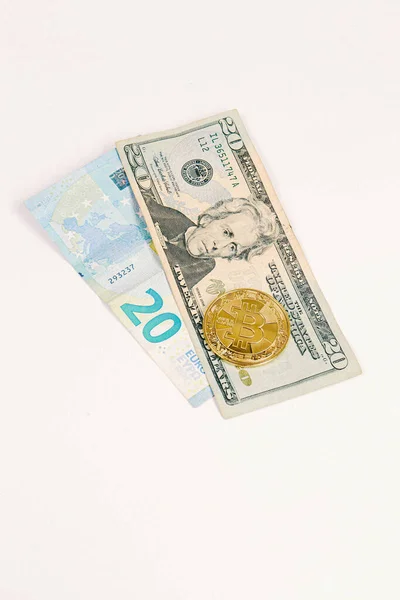 Euro Dólares Americanos Moeda Bitcoin — Fotografia de Stock