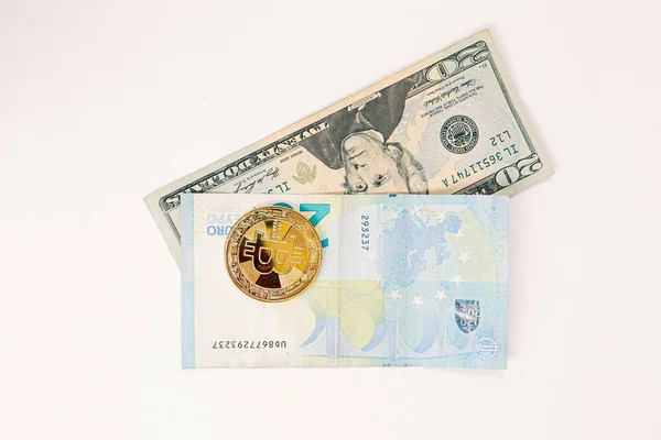 Euro Dollars Bitcoin Coin — Stock Photo, Image
