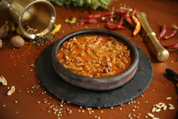 Sate Daging Dalam Panci Tradisional Sac Kavurma Makanan Turki — Stok Foto