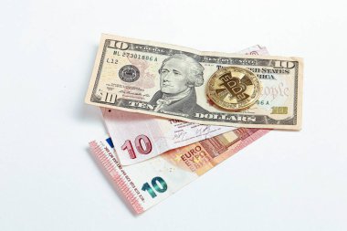 Türk Lirası, Amerikan Doları, Euro ve bitcoin paraları