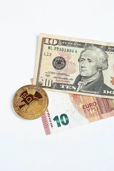Банкноти Євро Долари Сша Біткоїн — стокове фото