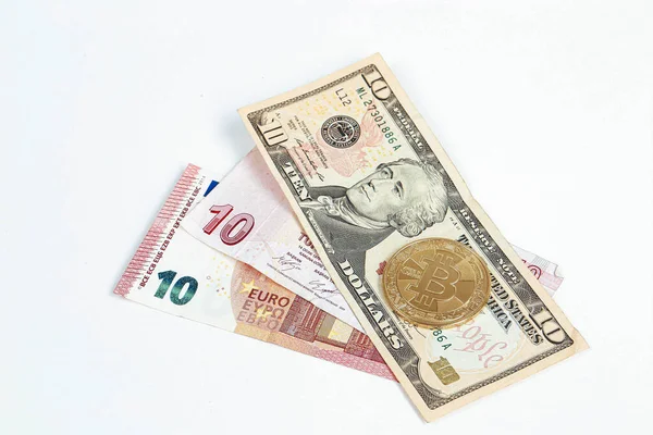Turkish Lira Banknotes Dollars Euro Bitcoin Coin — Stock Photo, Image