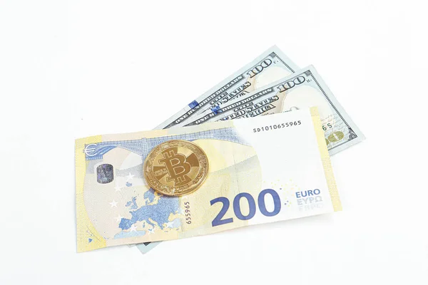 Banknoty Euro Dolary Amerykańskie Bitcoin — Zdjęcie stockowe