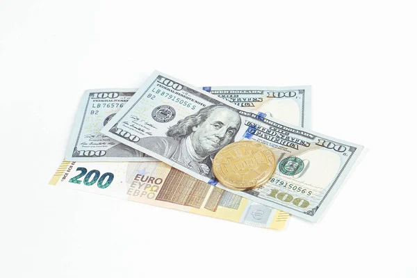 Banconote Euro Dollari Usa Bitcoin — Foto Stock