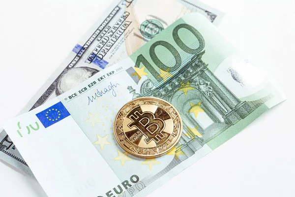 Billetes Euros Dólares Estadounidenses Bitcoin —  Fotos de Stock