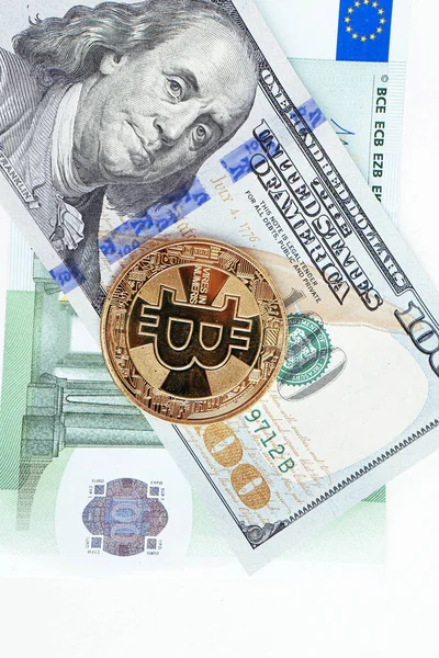 Eurosedlar Amerikanska Dollar Och Bitcoin — Stockfoto