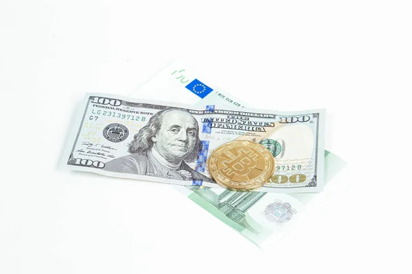 Notas Euro Dólares Americanos Moedas Bitcoin — Fotografia de Stock
