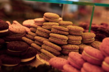 Bir grup çeşit kurabiye. Çikolata parçacıklı, yulaflı, kuru üzümlü, beyaz çikolatalı.