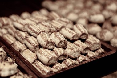 Bir grup çeşit kurabiye. Çikolata parçacıklı, yulaflı, kuru üzümlü, beyaz çikolatalı.