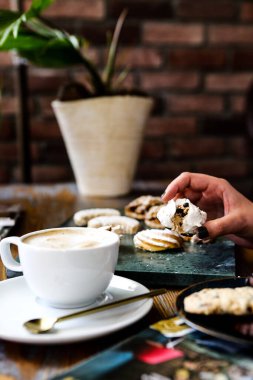 Bir grup çeşit kurabiye. Çikolata parçacıklı, yulaflı, kuru üzümlü, beyaz çikolatalı.