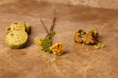 Bir grup çeşit kurabiye. Çikolata parçacıklı, yulaflı, kuru üzümlü, beyaz çikolatalı.