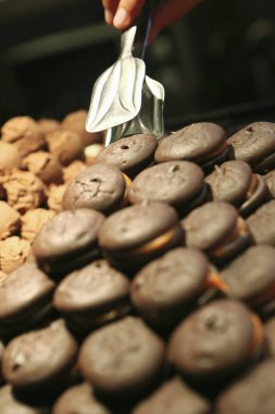 Bir grup çeşit kurabiye. Çikolata parçacıklı, yulaflı, kuru üzümlü, beyaz çikolatalı.