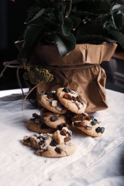 Bir grup çeşit kurabiye. Çikolata parçacıklı, yulaflı, kuru üzümlü, beyaz çikolatalı.