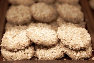 Bir grup çeşit kurabiye. Çikolata parçacıklı, yulaflı, kuru üzümlü, beyaz çikolatalı.