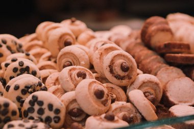 Bir grup çeşit kurabiye. Çikolata parçacıklı, yulaflı, kuru üzümlü, beyaz çikolatalı.