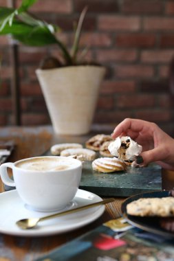 Bir grup çeşit kurabiye. Çikolata parçacıklı, yulaflı, kuru üzümlü, beyaz çikolatalı.