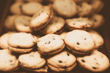 Bir grup çeşit kurabiye. Çikolata parçacıklı, yulaflı, kuru üzümlü, beyaz çikolatalı.