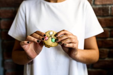 Bir grup çeşit kurabiye. Çikolata parçacıklı, yulaflı, kuru üzümlü, beyaz çikolatalı.
