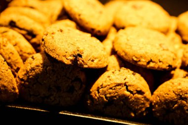 Bir grup çeşit kurabiye. Çikolata parçacıklı, yulaflı, kuru üzümlü, beyaz çikolatalı.