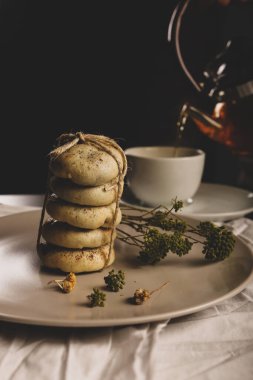 Bir grup çeşit kurabiye. Çikolata parçacıklı, yulaflı, kuru üzümlü, beyaz çikolatalı.