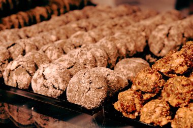 Bir grup çeşit kurabiye. Çikolata parçacıklı, yulaflı, kuru üzümlü, beyaz çikolatalı.