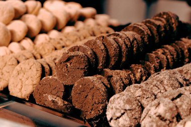 Bir grup çeşit kurabiye. Çikolata parçacıklı, yulaflı, kuru üzümlü, beyaz çikolatalı.