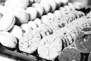 Bir grup çeşit kurabiye. Çikolata parçacıklı, yulaflı, kuru üzümlü, beyaz çikolatalı.