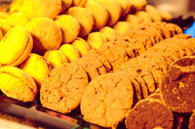 Bir grup çeşit kurabiye. Çikolata parçacıklı, yulaflı, kuru üzümlü, beyaz çikolatalı.