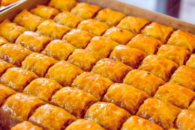 Geleneksel hindistancevizli tatlı baklavası. Ev yapımı fındıklı ve ballı baklava..