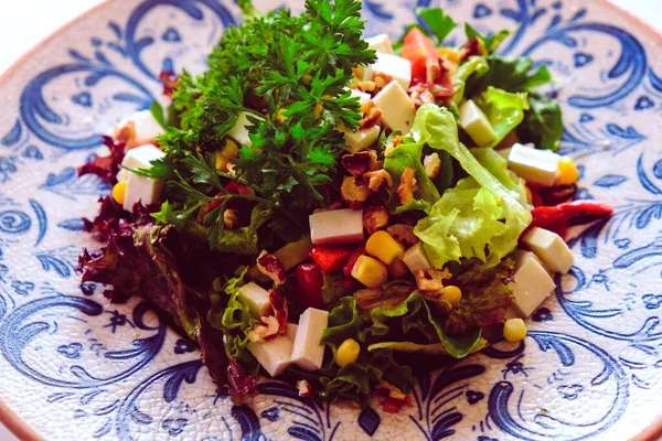 Porträtt Attraktiva Kaukasiska Leende Kvinna Äta Sallad Fokus Och Gaffel — Stockfoto