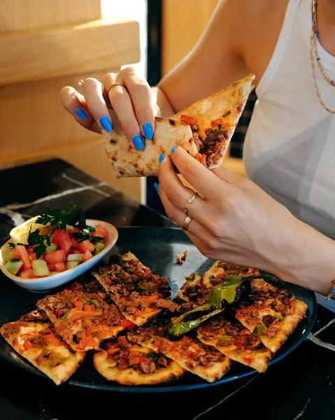 Traditional turkish baked dish pide. Turkish pizza pide, Middle eastern appetizers. Turkish cuisine. Pide with meat filling