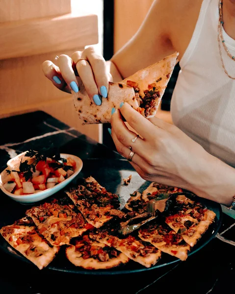 Traditional turkish baked dish pide. Turkish pizza pide, Middle eastern appetizers. Turkish cuisine. Pide with meat filling