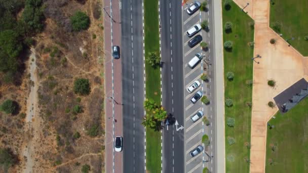 Hava manzaralı iki şeritli güzel bir yol. Yolun kenarında bir bisiklet yolu ve çiçekli yeşil bir çimen ve palmiye ağaçları var. — Stok video