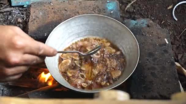 Vaření Šalotky Pomocí Tradičních Kamen Dřevo — Stock video