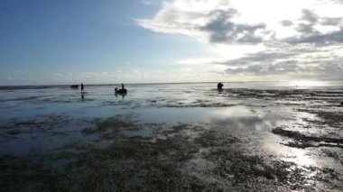Deniz suyuna yansıyan güneş ışınları ile güzel mavi gökyüzü kumsal manzarası
