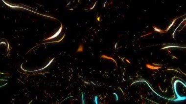 3D parlak noktalar, siyah arkaplan üzerinde renkli dalgalar oluşturur.