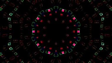 Animated digital abstract. Colorful curved and circular lines on black background, seamless loop