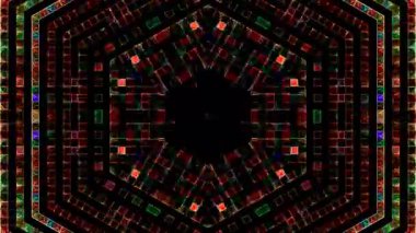 Animated digital abstract. Colorful curved and circular lines on black background, seamless loop