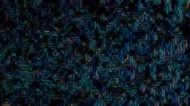 Animated digital abstract. Colorful curved and circular lines on black background, seamless loop