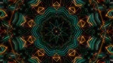 Canlandırılmış 3D soyut. Eğri çizgiler ve renkli ışık noktaları siyah arkaplan, pürüzsüz daire