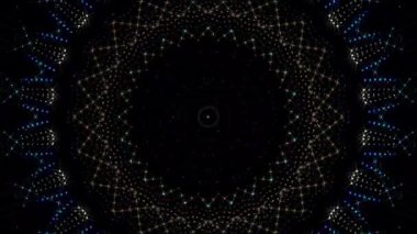 Canlandırılmış 3D soyut. Eğri çizgiler ve renkli ışık noktaları siyah arkaplan, pürüzsüz daire