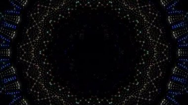 Canlandırılmış 3D soyut. Eğri çizgiler ve renkli ışık noktaları siyah arkaplan, pürüzsüz daire