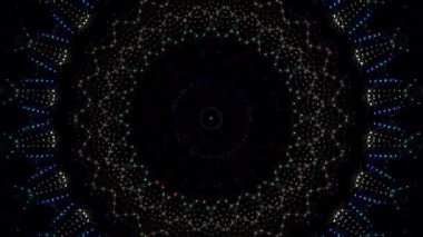 Canlandırılmış 3D soyut. Eğri çizgiler ve renkli ışık noktaları siyah arkaplan, pürüzsüz daire