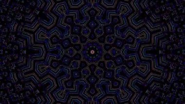 Canlandırılmış 3D soyut. Eğri çizgiler ve renkli ışık noktaları siyah arkaplan, pürüzsüz daire