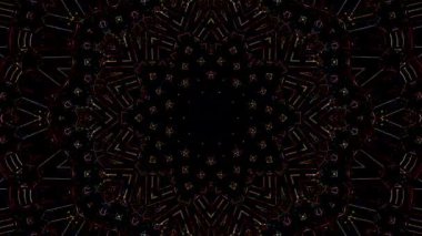 Canlandırılmış 3D soyut. Eğri çizgiler ve renkli ışık noktaları siyah arkaplan, pürüzsüz daire