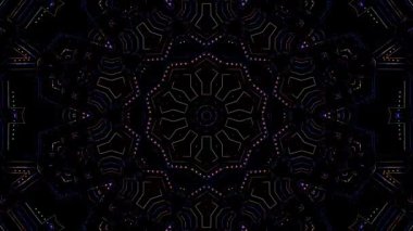 Canlandırılmış 3D soyut. Eğri çizgiler ve renkli ışık noktaları siyah arkaplan, pürüzsüz daire