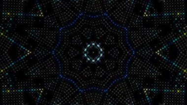Canlandırılmış 3D soyut. Eğri çizgiler ve renkli ışık noktaları siyah arkaplan, pürüzsüz daire