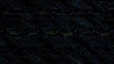 Canlandırılmış üç boyutlu çizgiler ve siyah arkaplanda renkli ışık noktaları, hafif titreyen ışık parlıyor